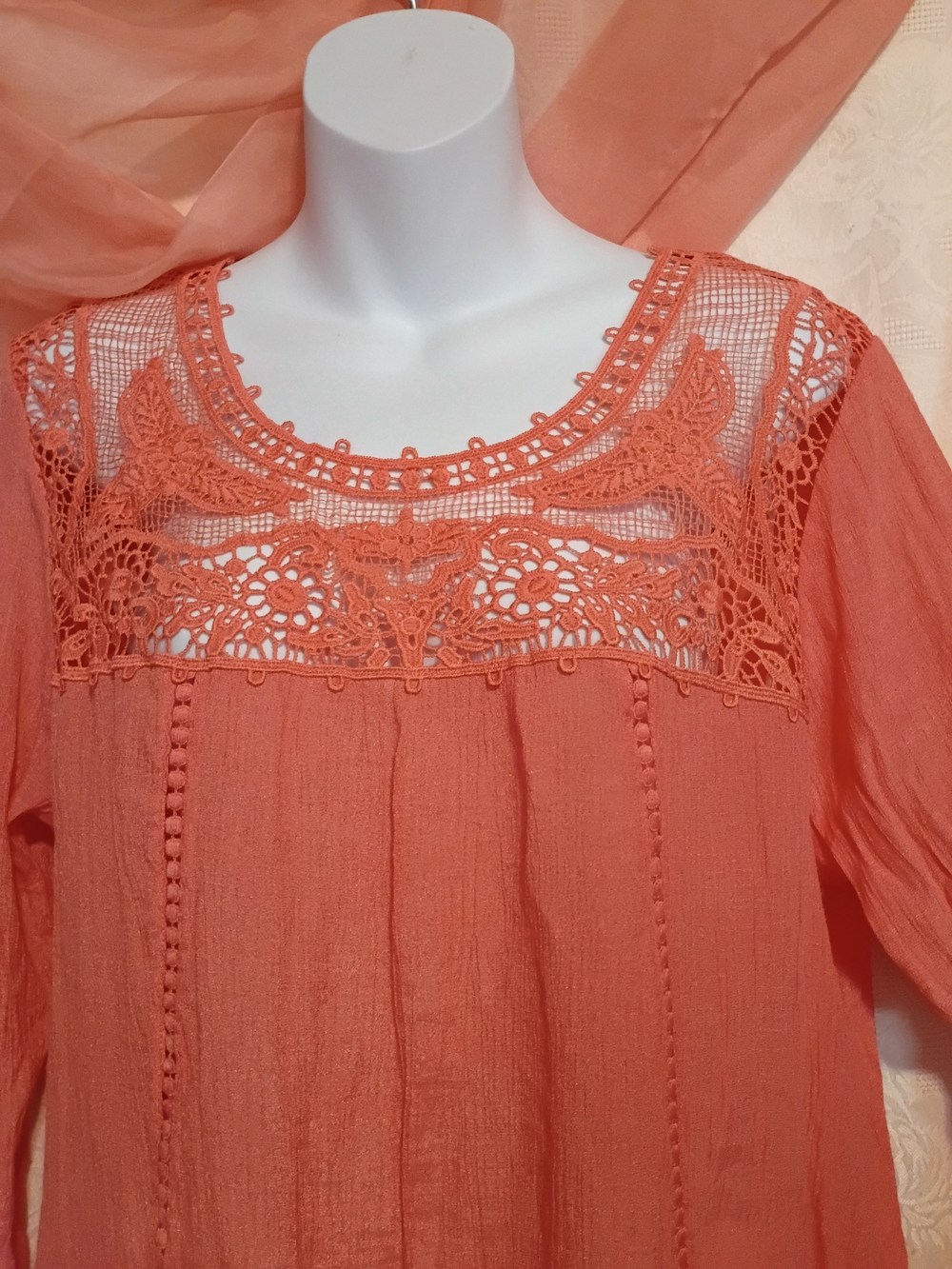 Zac & Rachel Ladies Coral Boho Lace Yoke Boho Blouse Sz Lg - Picture 4 of 9